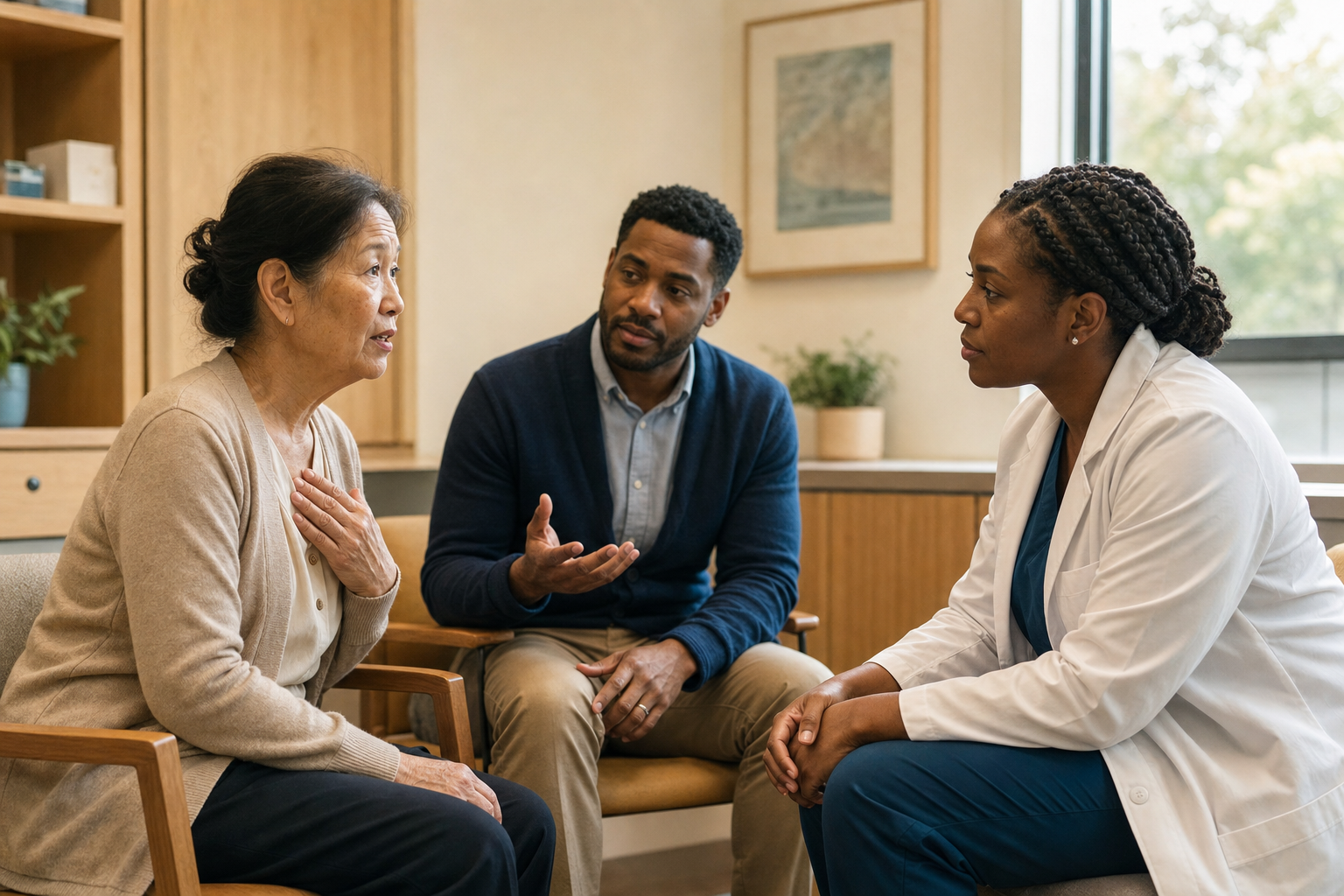 A patient, medical interpreter, and clinician in conversation