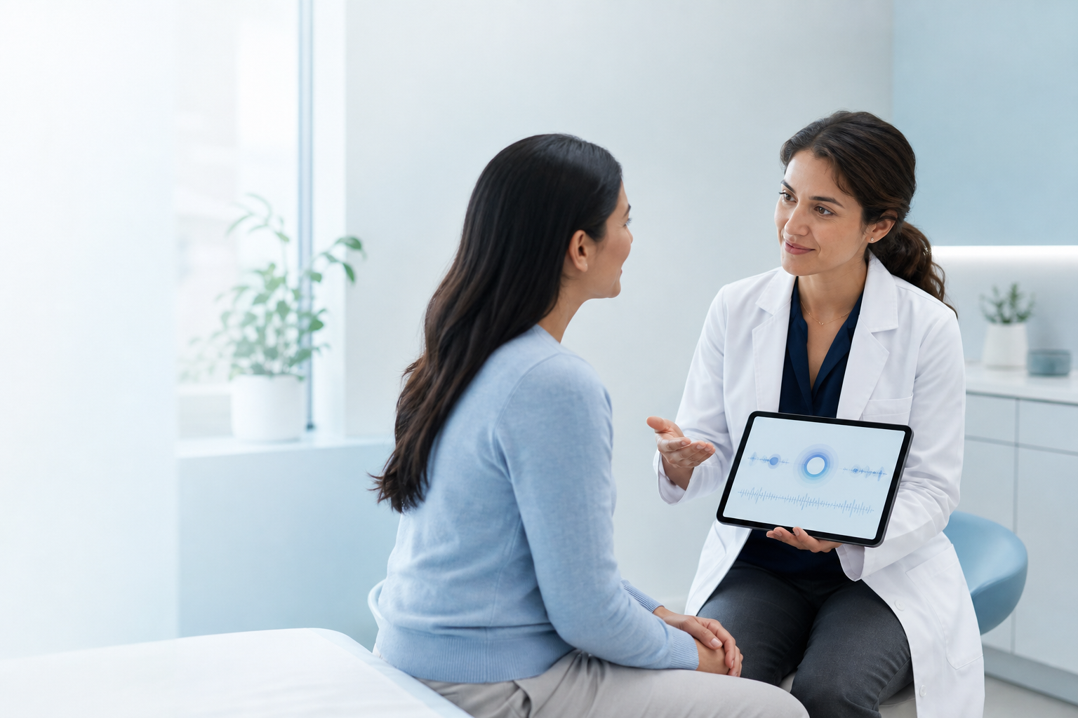 A clinician showing a patient Opalite's live interpretation experience on a tablet