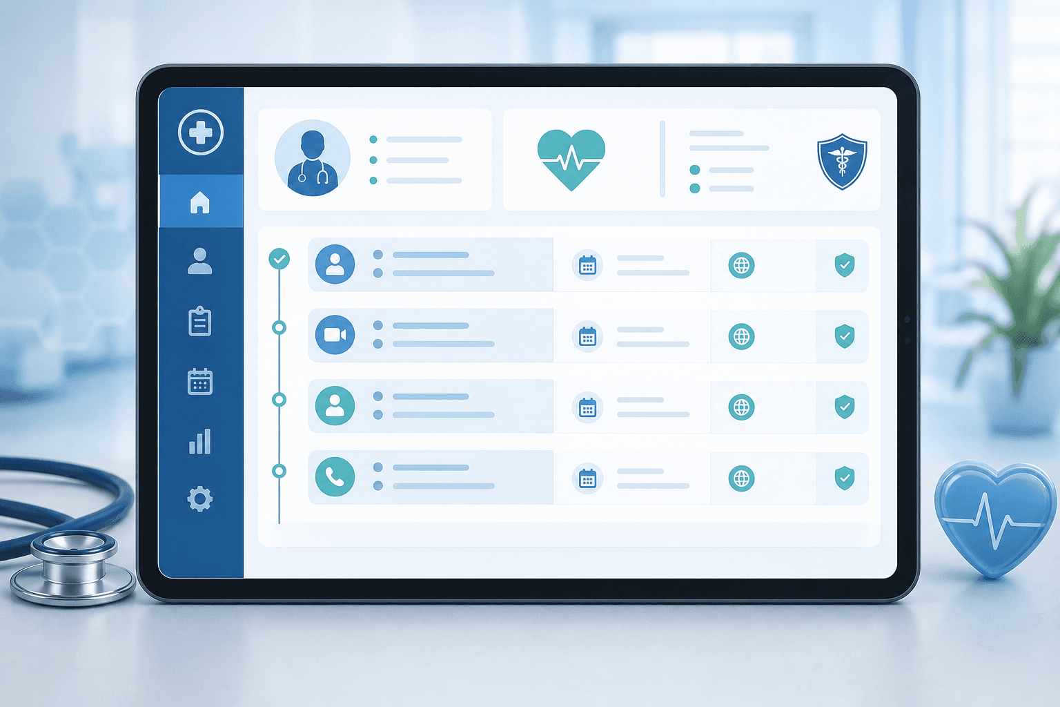 A clean, professional illustration of a digital healthcare documentation system showing structured session logs on a modern tablet or screen, with medical symbols, timeline elements, and organized data rows representing encounter records, timestamps, and language indicators — depicted in a calm blue and teal color palette, no text or words anywhere in the image