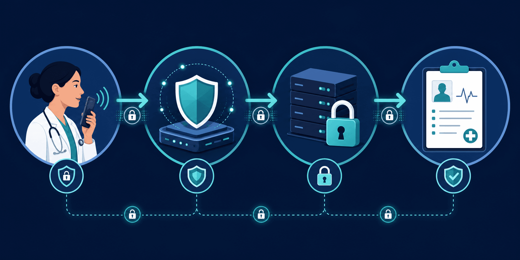 A clean, modern diagram showing a secure healthcare data workflow with four connected stages: a clinician speaking into a device, a secure processing node with a shield icon, a locked server with a padlock, and a medical chart output. The stages are connected by arrows showing data flow, with visual indicators of encryption and security at each step. Dark blue and teal color scheme, flat design style, no text or labels anywhere in the image.
