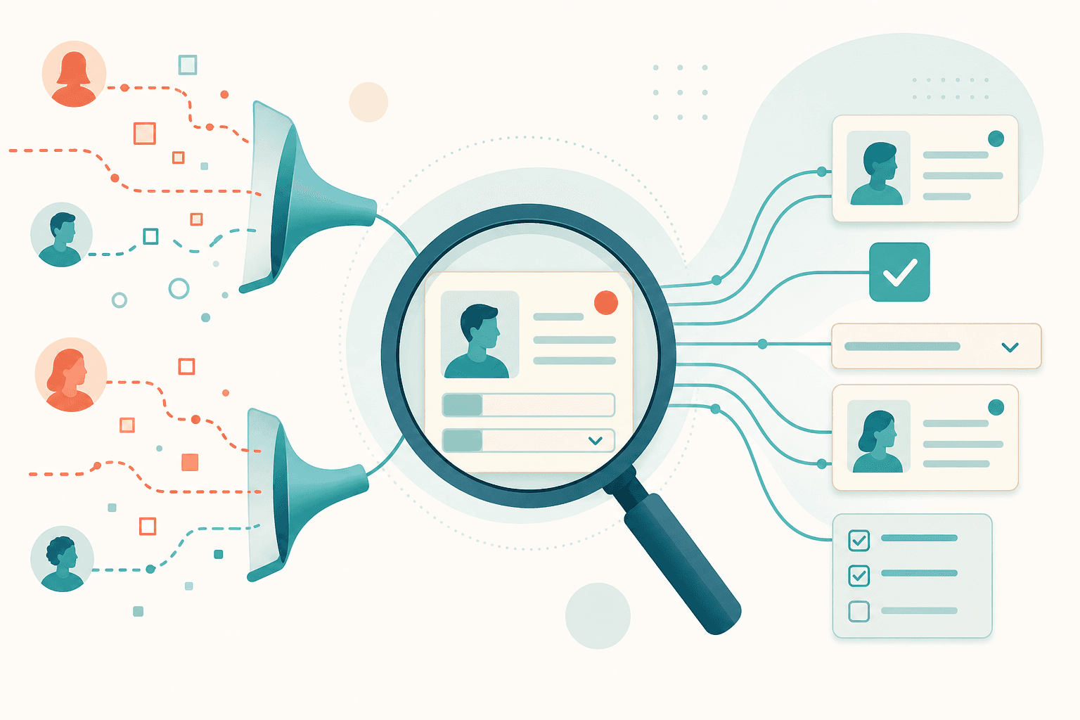 A clean, modern flat vector illustration showing a data quality concept for healthcare records. Depict a central magnifying glass hovering over a stylized patient record card with a colored language indicator dot. Around it, show abstract funnel shapes filtering data streams, with some streams shown as clean flowing lines in teal and others as broken or dotted lines in warm coral to represent errors or gaps. Include subtle geometric shapes suggesting checkboxes and dropdown menus. Use a soft professional color palette of teal, warm coral, and cream on a light background. Minimalist medical-friendly aesthetic. No text, no words, no letters, no numbers anywhere in the image.