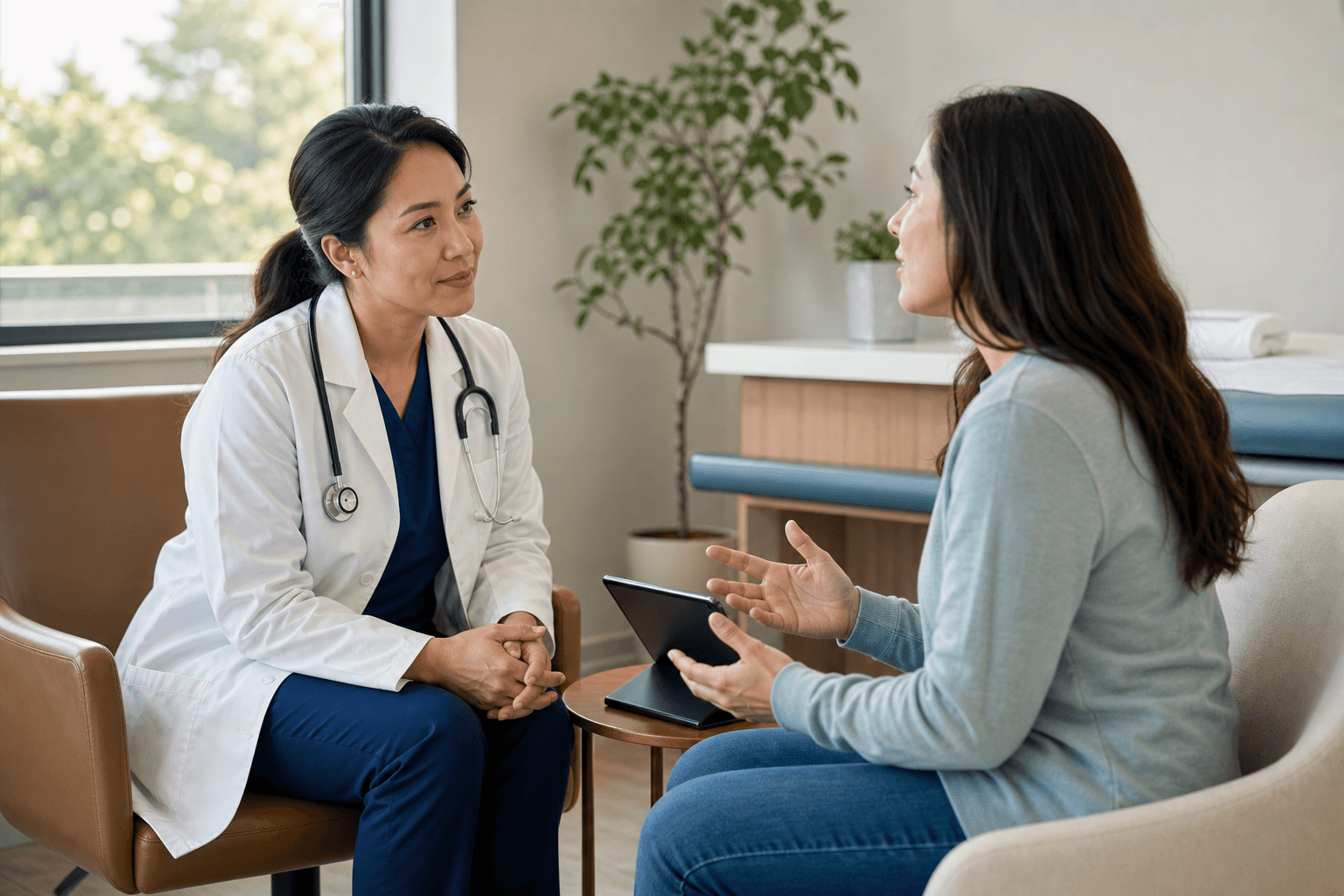 A warm, professional medical illustration showing a doctor in a white coat sitting across from an adult patient in a modern clinic exam room, engaged in an open conversation. The patient is gesturing with their hands as if explaining something back. A tablet device sits on a small side table between them, subtly suggesting interpretation support. Soft natural lighting from a window, clean minimalist clinical setting with neutral colors, muted teal and warm beige palette. The mood is attentive and collaborative, emphasizing active listening. Photorealistic style, shallow depth of field. No text, no words, no letters, no signs, no writing anywhere in the image.