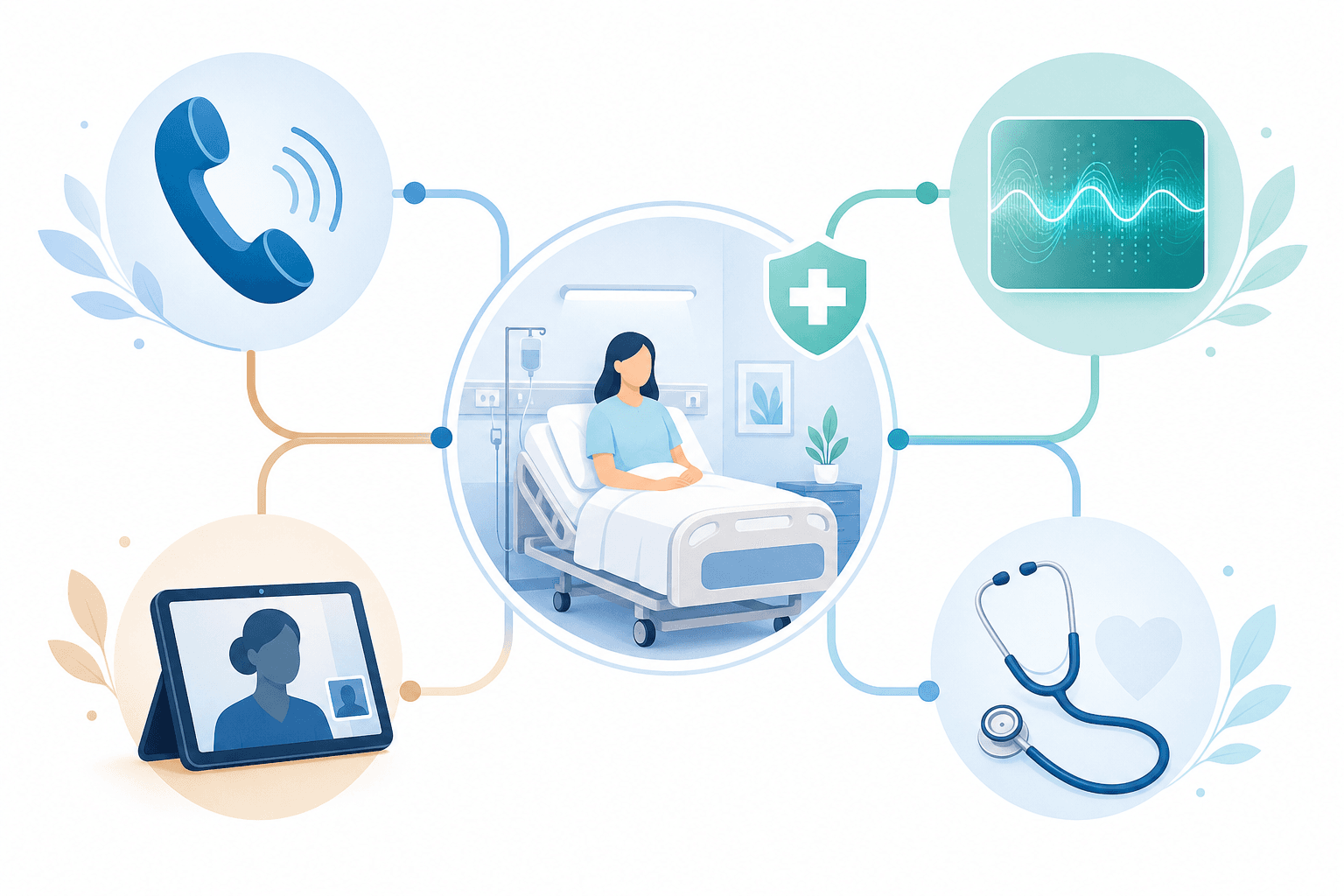 A clean, modern conceptual illustration showing four connected communication pathways converging toward a central healthcare setting. Depict abstract representations of four interpretation modalities: a stylized human figure in a hospital room, a phone handset with sound waves, a tablet screen showing a video call silhouette, and a glowing digital interface with abstract waveform patterns. Use a professional healthcare color palette of soft blues, teals, and warm neutrals. Flat vector illustration style with subtle depth, clean geometric shapes, medical iconography (stethoscope, subtle cross symbol), and a sense of seamless connection between the four elements. Bright, airy composition with plenty of white space. No text, no words, no letters, no numbers anywhere in the image.
