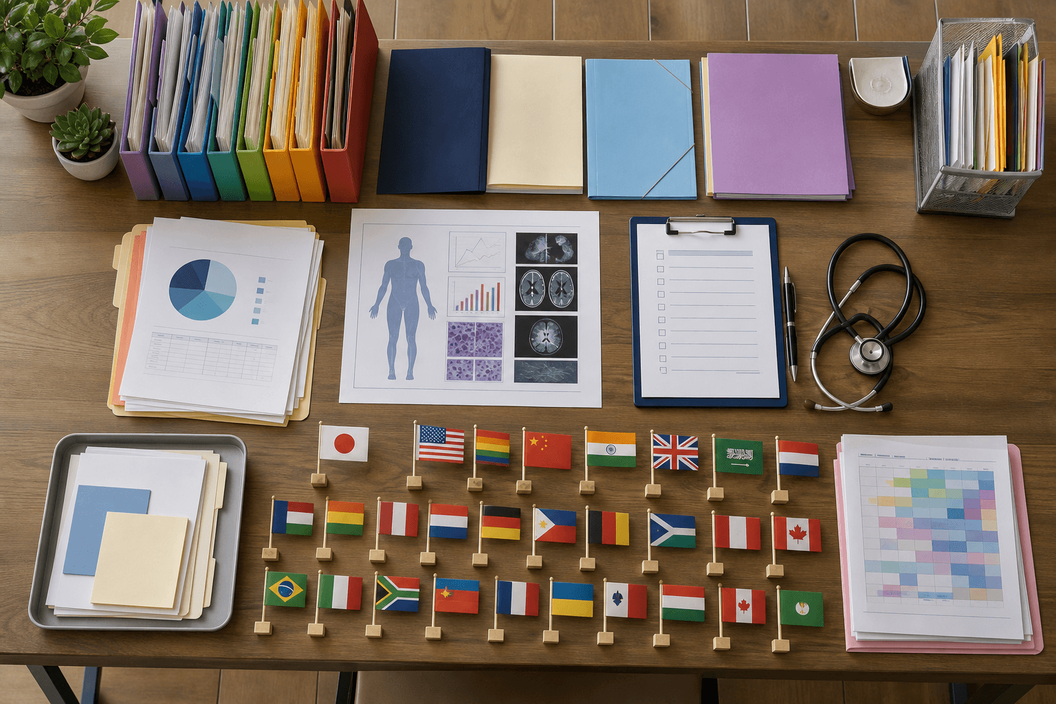 A clean overhead flat-lay view of a hospital oncology department workflow planning session: a large table with organized color-coded folders, medical charts, a clipboard with checklists, a stethoscope, and small symbolic flags representing different languages and cultures arranged in a structured pattern — warm clinical lighting, no people, photorealistic style, no text or labels anywhere