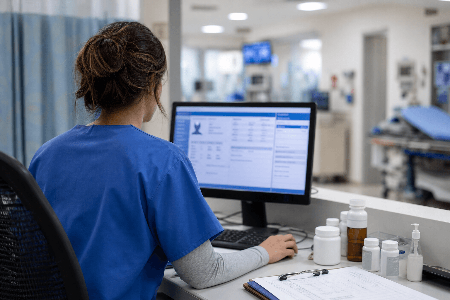 A hospital emergency department triage scene showing a nurse at a workstation reviewing a patient's medical chart on a computer screen, with medication bottles and a clipboard visible on the desk, soft clinical lighting, photorealistic style, no people's faces shown, professional healthcare environment