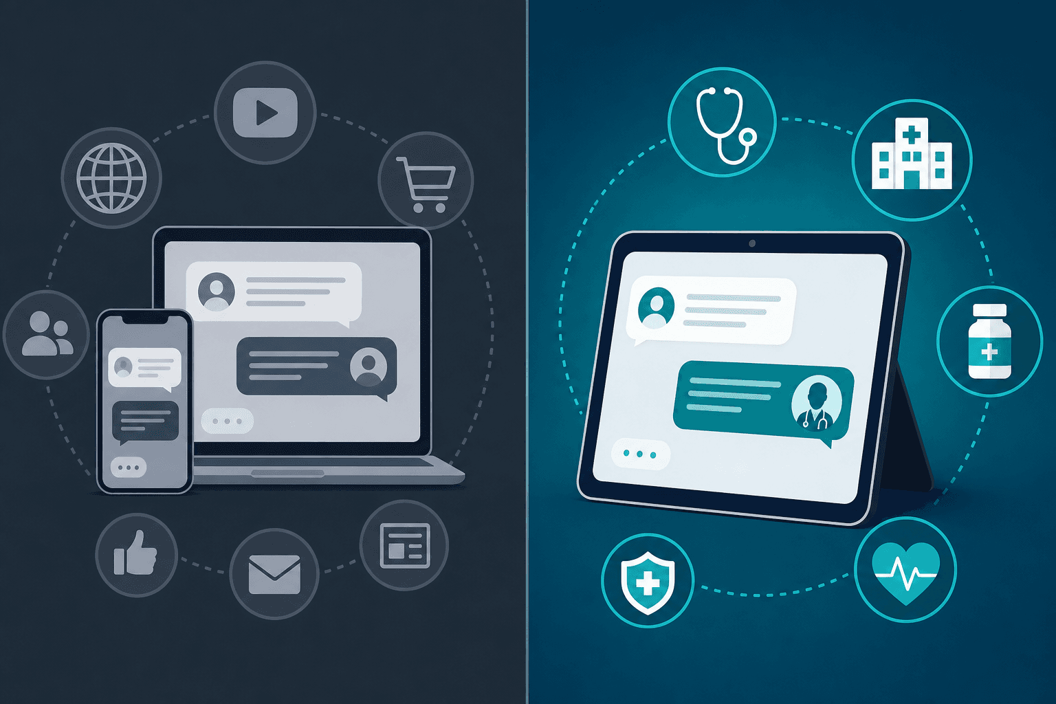 A split-panel illustration contrasting two distinct approaches to language translation in a healthcare setting. On the left side, a generic laptop or smartphone with a simple chat interface, surrounded by scattered web icons representing broad consumer internet content, in muted gray tones. On the right side, a modern medical tablet or device with a clean clinical interface, surrounded by icons representing a stethoscope, a hospital building, a medication bottle, and a heart rate monitor, in vibrant teal and dark blue tones. A subtle dividing line separates the two panels. Flat design style, no text or labels, dark blue and teal color scheme.