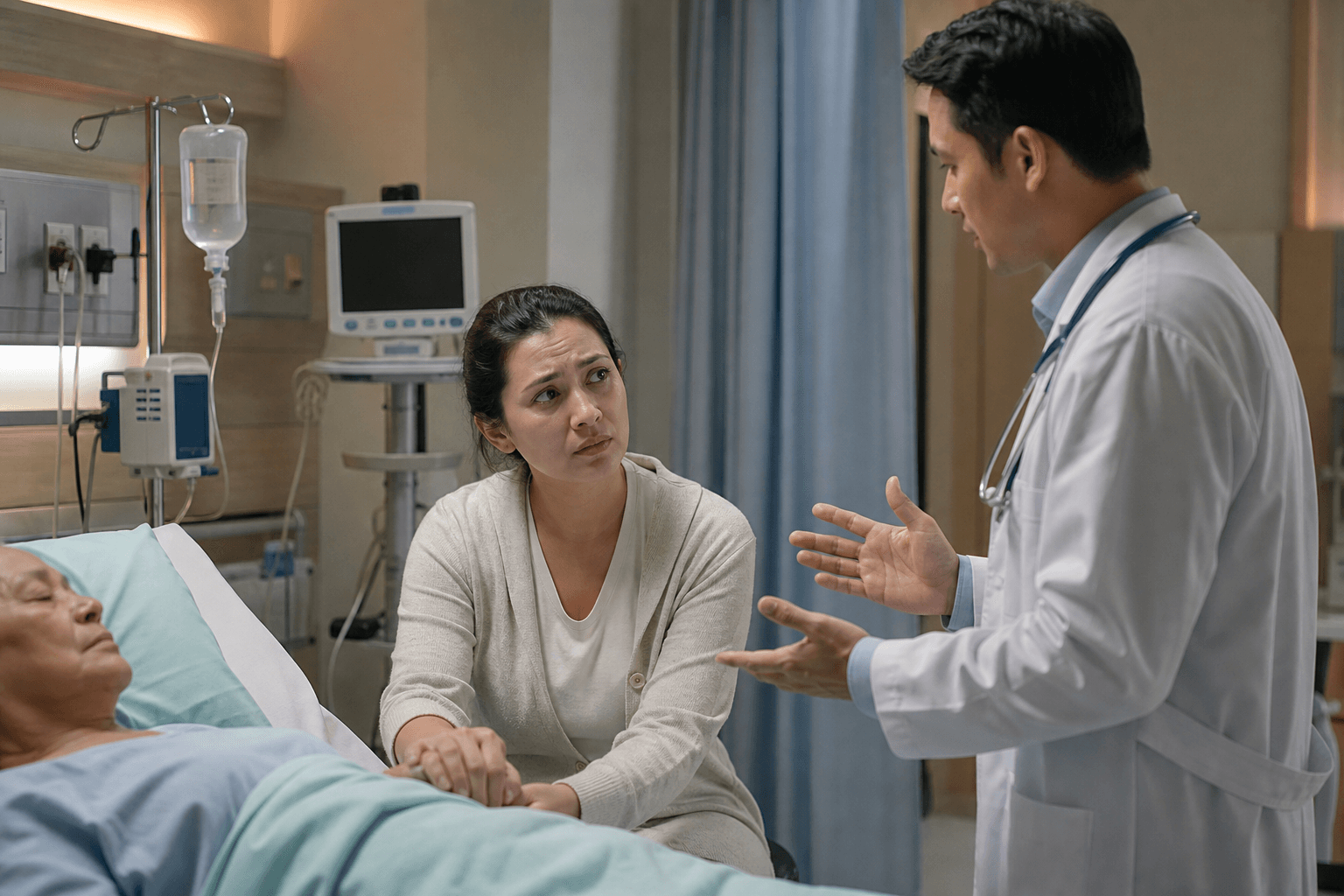 A worried family member sitting at a hospital bedside holding the patient's hand, a doctor standing nearby gesturing while explaining something, clinical hospital room environment with medical equipment in the background, warm but tense atmosphere, the family member looking uncertain and stressed, photorealistic style, no text or words