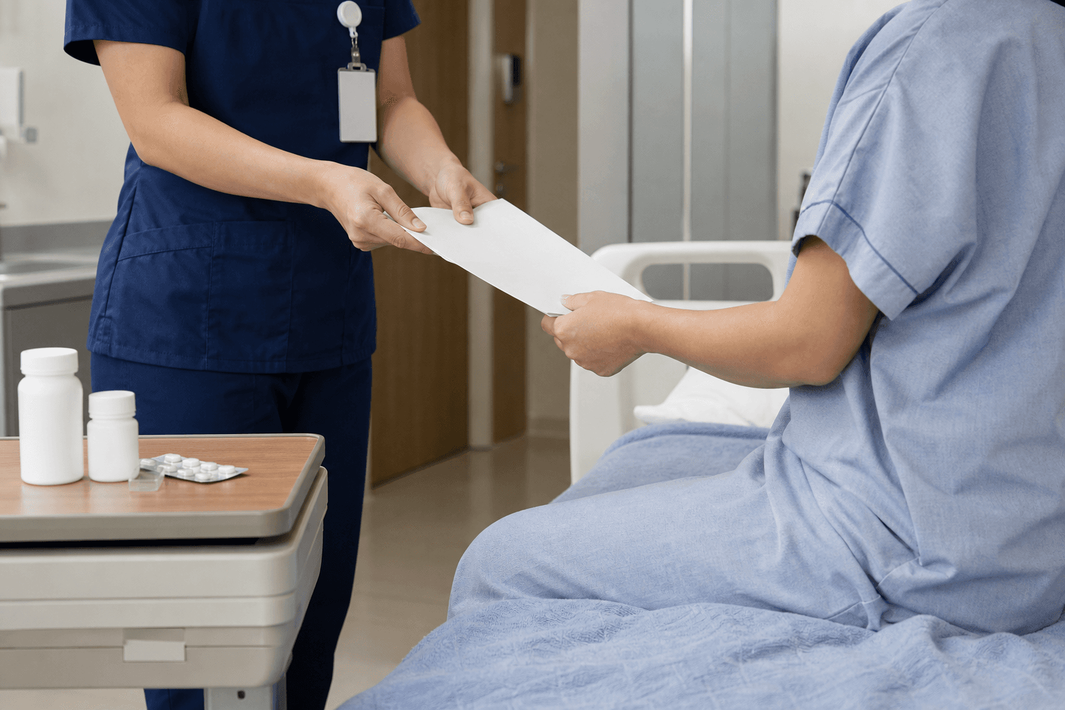 A clinical discharge scene in a hospital room showing a nurse handing printed discharge papers to a patient sitting on a hospital bed, with a bedside table holding medication bottles, soft overhead lighting, photorealistic healthcare environment, no faces shown, professional medical setting