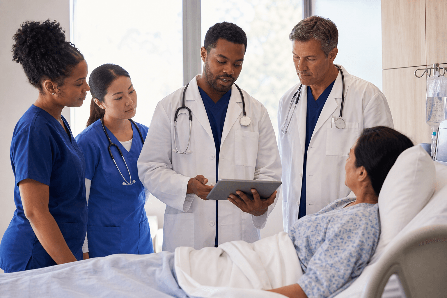 A diverse medical team of doctors and nurses gathered at a hospital bedside during morning rounds, reviewing a patient chart on a tablet, modern hospital room with soft natural light coming through a window, clinical but warm atmosphere, photorealistic style
