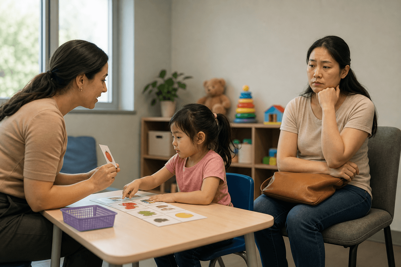 A warm, realistic illustration of an ABA therapy session in a clinical room. A therapist sits across from a young child doing an activity, while a parent observes nearby looking uncertain and disconnected. The scene conveys a language and communication gap between the therapist and the family. Soft, natural lighting, diverse characters, no text or words anywhere in the image.