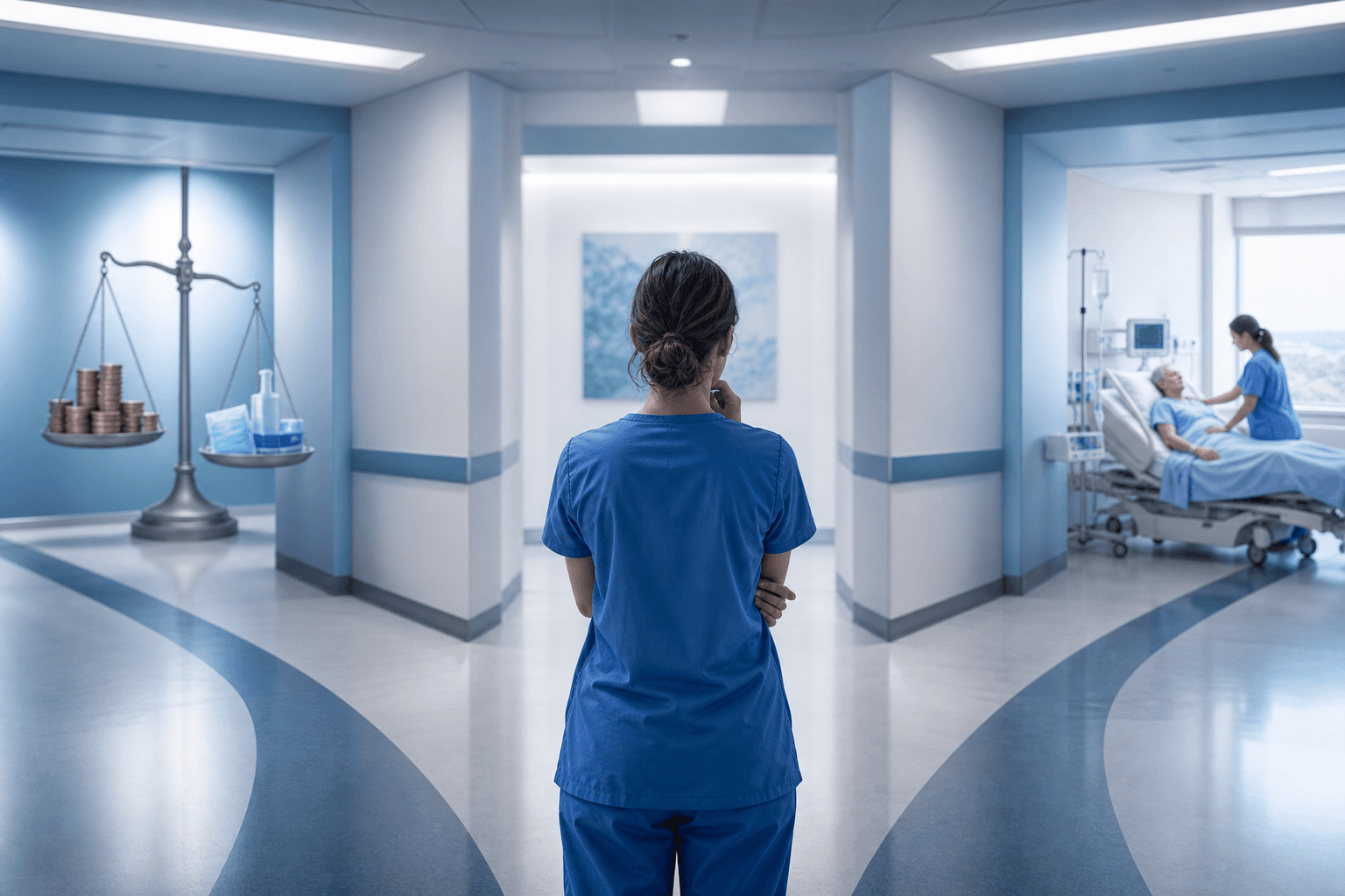 A hospital corridor scene showing a healthcare professional standing at a crossroads or decision point, with visual metaphors of cost and consequence — a scale or balance on one side representing financial pressure, and on the other side a patient in a clinical setting representing care outcomes. The atmosphere is clinical and serious, with cool blues and whites, soft lighting, and a modern hospital aesthetic. No text, labels, numbers, or words anywhere in the image.