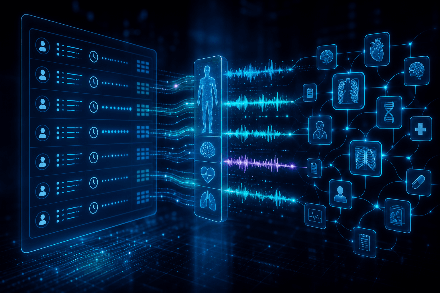 A futuristic healthcare AI system visualization showing glowing data streams and structured audit logs flowing through a digital interface, with abstract representations of session timestamps, language waveforms, and interconnected medical records nodes, rendered in deep blue and teal tones against a dark background, clean and professional, no text or words anywhere in the image
