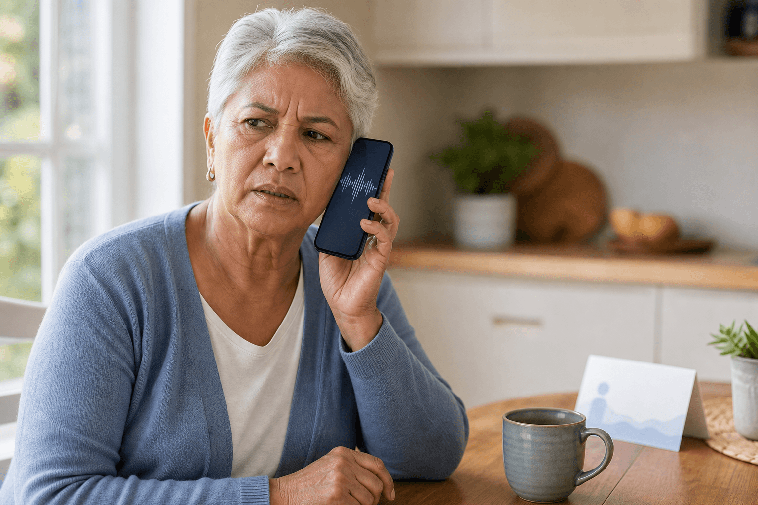 A clean, modern editorial illustration showing a diverse older adult patient sitting at a kitchen table holding a smartphone to their ear with a concerned, confused expression. Soft natural lighting through a window, warm neutral color palette with muted blues and beiges. The phone screen shows abstract sound wave patterns. In the background, softly blurred, is a healthcare appointment reminder card and a coffee mug. Photorealistic style, shallow depth of field, healthcare communication theme, no text or letters anywhere in the image.
