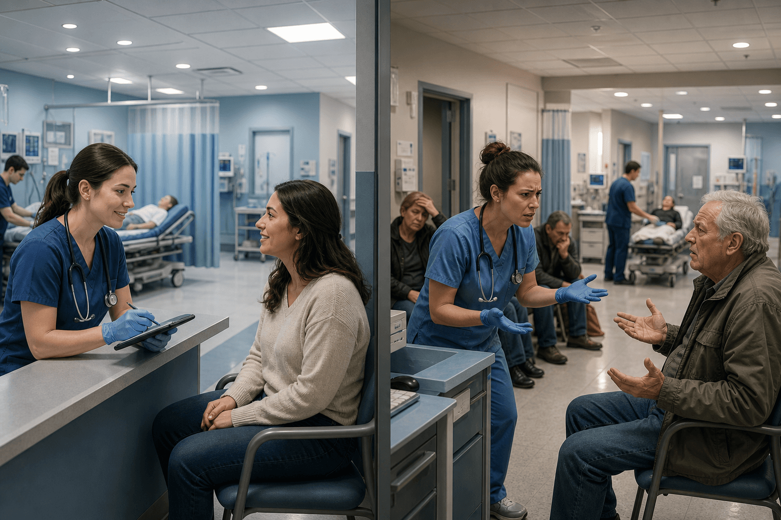 A split-scene hospital emergency department illustration showing two side-by-side triage areas. On one side, a nurse quickly attends to a patient with a clear communication exchange, calm and efficient. On the other side, a nurse and patient struggle to communicate, with visible confusion and delay, the patient waiting longer. Clinical setting with soft overhead lighting, medical equipment visible, no text or labels anywhere in the image, clean modern healthcare aesthetic.