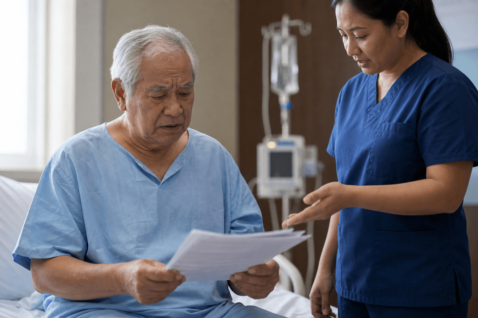 A photorealistic hospital discharge scene at bedside. An older adult patient sits on the edge of a hospital bed wearing a light blue gown, holding a small stack of white printed discharge papers, looking down at them with a subtle expression of confusion and fatigue. A nurse in navy scrubs stands beside the bed, mid-gesture, pointing toward the papers with an open hand, appearing to be wrapping up the conversation. Soft natural daylight from a window on the left, warm clinical lighting, shallow depth of field. Modern hospital room in the background is blurred — IV pole, monitor, and neutral wall visible but out of focus. The papers in the patient's hands are intentionally blurred and illegible. No visible text, words, letters, numbers, logos, or signage anywhere in the frame. Documentary photography style, natural colors, human hands visible, quiet sense of a rushed handoff.