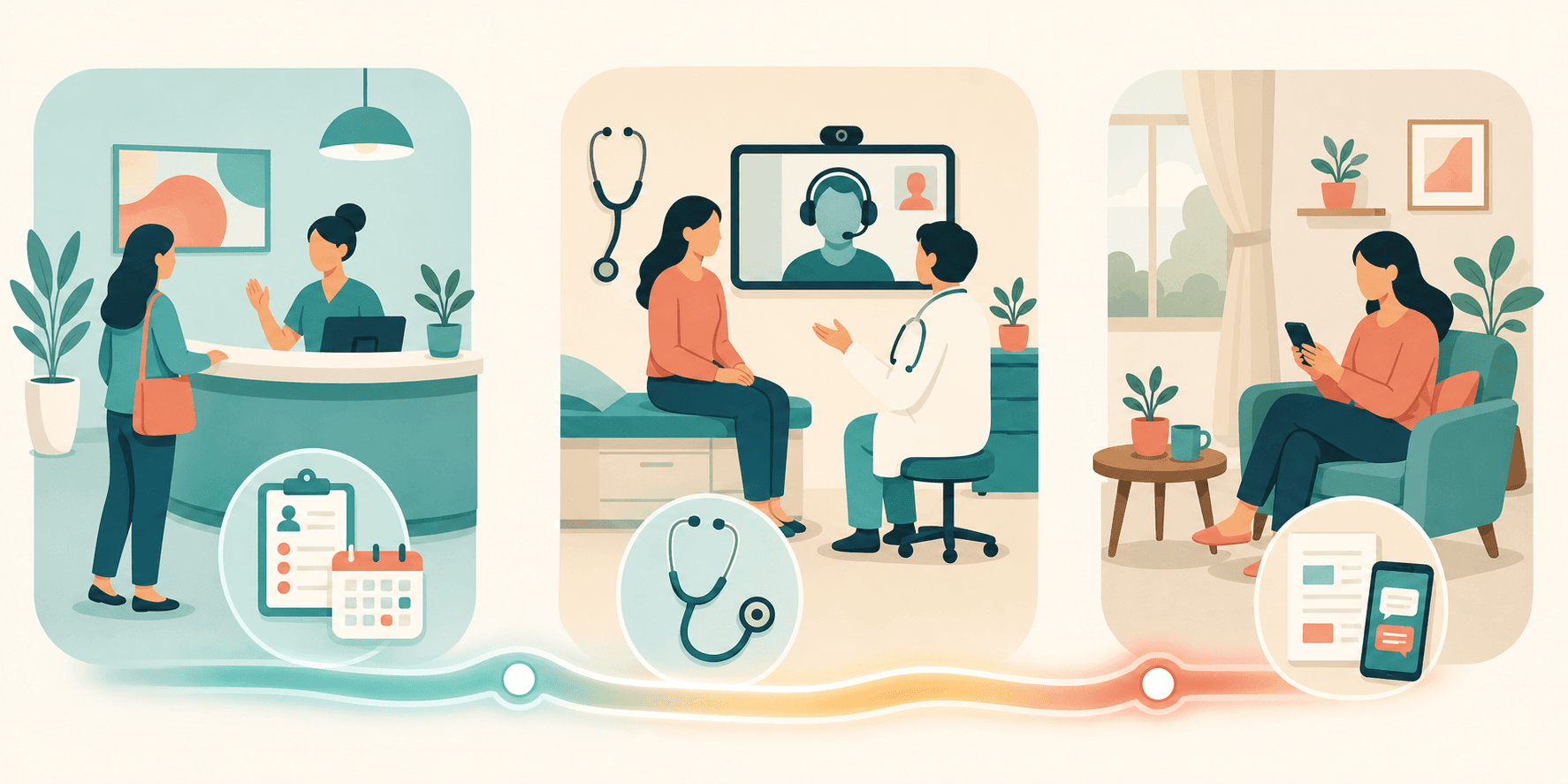 A clean, modern illustration showing a healthcare patient journey across three connected stages, depicted as a horizontal flow. On the left, a stylized reception desk with a clipboard and appointment calendar icon. In the middle, an exam room scene with a stethoscope and a video call screen showing abstract silhouettes representing an interpreter. On the right, a home setting with a printed document and a smartphone displaying a chat bubble icon. Connect the three scenes with a subtle glowing pathway or gradient line showing continuity. Use a soft, professional color palette of teal, warm coral, and cream. Flat vector illustration style, minimalist, medical-friendly aesthetic. No text, no words, no letters, no numbers anywhere in the image.