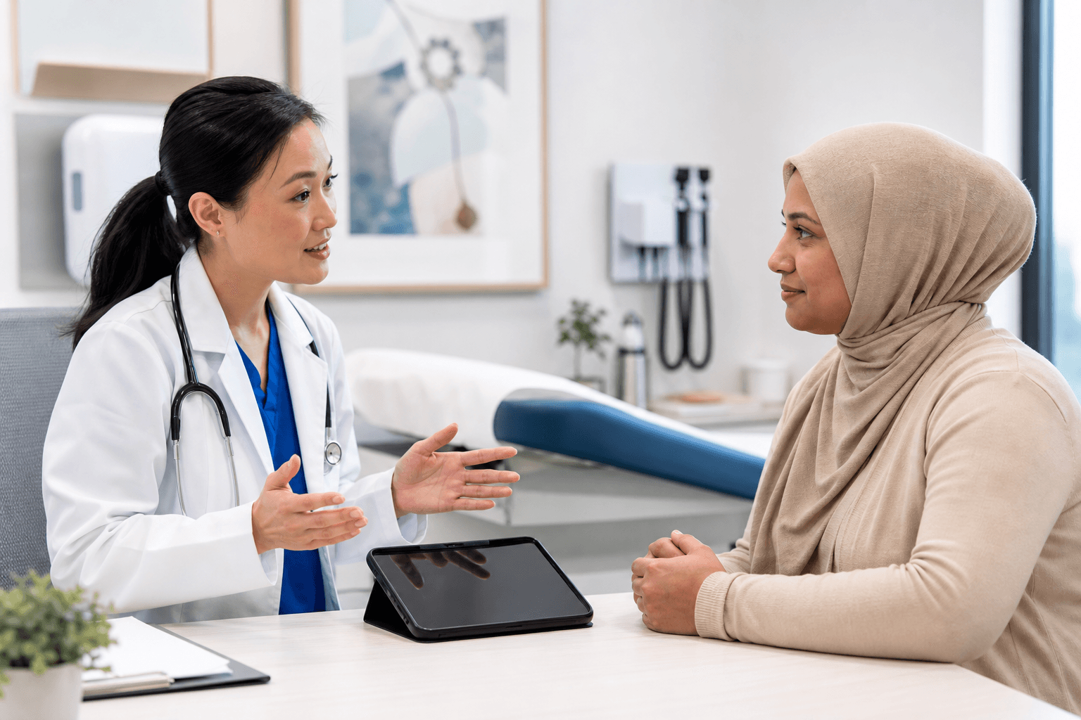 A healthcare provider and patient in a clinical exam room engaged in a conversation, with a tablet or mobile device on the table between them acting as a translation interface. The provider is wearing a white coat, the patient appears to be of a different ethnic background, both looking engaged and communicating. Soft, professional medical office lighting, clean modern environment. No text, no words, no letters anywhere in the image.
