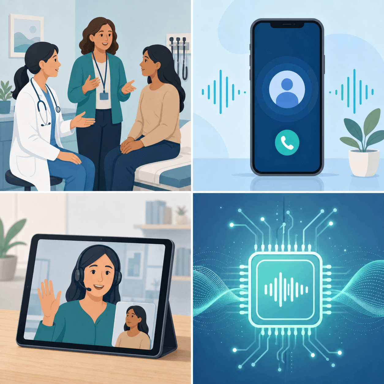 A clean, modern conceptual illustration showing four different medical interpretation delivery modes in a healthcare setting: an on-site interpreter standing beside a clinician and patient in a medical exam room, a smartphone displaying a phone call icon representing over-the-phone interpreting, a tablet with a video call view representing video remote interpreting, and an abstract glowing microchip with soundwaves representing AI interpretation. Arrange the four elements in a balanced grid or quadrant composition. Use a soft, professional healthcare color palette with light blues, teals, and warm neutrals. Flat vector illustration style, minimalist, no text or letters, no logos, high clarity.