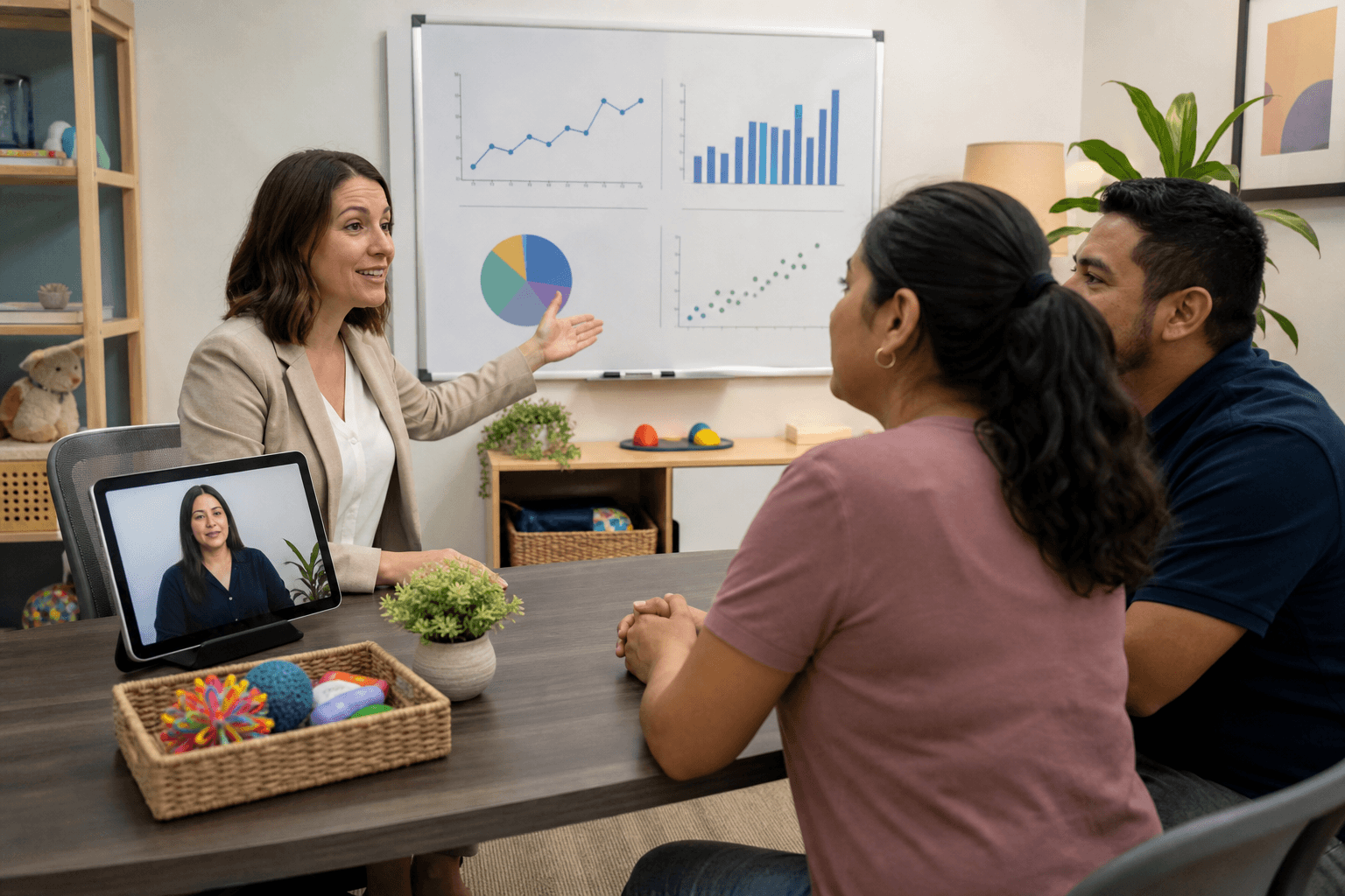 A realistic illustration of a BCBA therapist conducting a caregiver training session in a clinical office. The therapist gestures toward a whiteboard with behavioral data charts while a Latino mother and father sit attentively across a table, a bilingual interpreter present on a tablet screen beside them. Warm, professional lighting, diverse characters, inclusive and collaborative atmosphere, no text or words anywhere in the image.