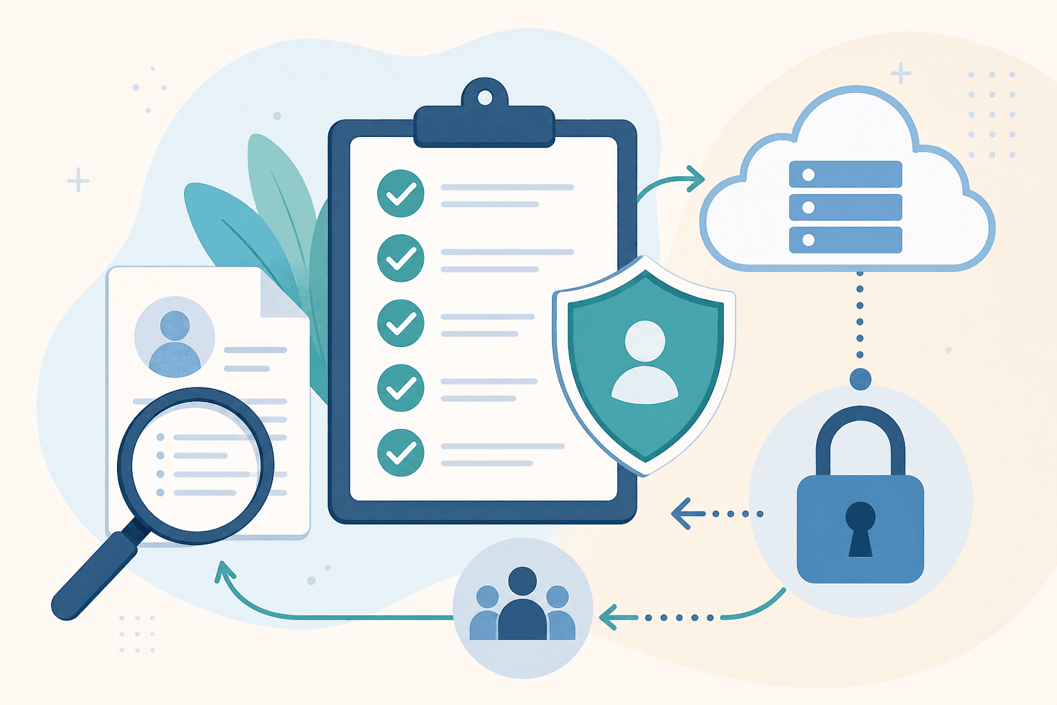 A clean, modern conceptual illustration representing HIPAA vendor due diligence for interpreter services. Show a stylized clipboard with abstract checkmark shapes, a shield icon representing data protection, a magnifying glass hovering over an abstract document, and a lock icon symbolizing encryption. Include subtle visual elements suggesting cloud infrastructure and data flow arrows connecting the elements. Use a soft, professional healthcare color palette with light blues, teals, and warm neutrals. Flat vector illustration style, minimalist composition, balanced layout, no text, no words, no letters, no numbers, no logos, high clarity.