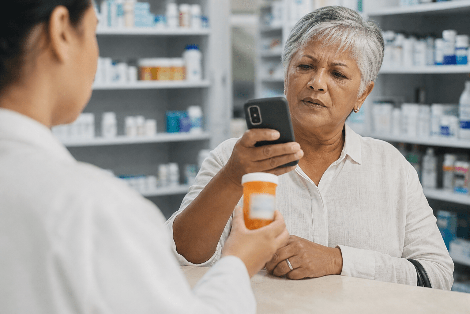 A photorealistic scene at a pharmacy counter from over the shoulder of a pharmacist handing an orange prescription pill bottle to an older patient. The patient is holding up a smartphone with the camera pointed at the pill bottle label, clearly trying to translate it. Soft, warm clinical lighting, shallow depth of field, modern pharmacy shelves blurred in the background with rows of medication bottles. The pill bottle label is intentionally blurred and illegible. No visible text, words, letters, numbers, or signage anywhere in the frame. Documentary photography style, natural colors, human hands visible, subtle sense of hesitation and uncertainty.
