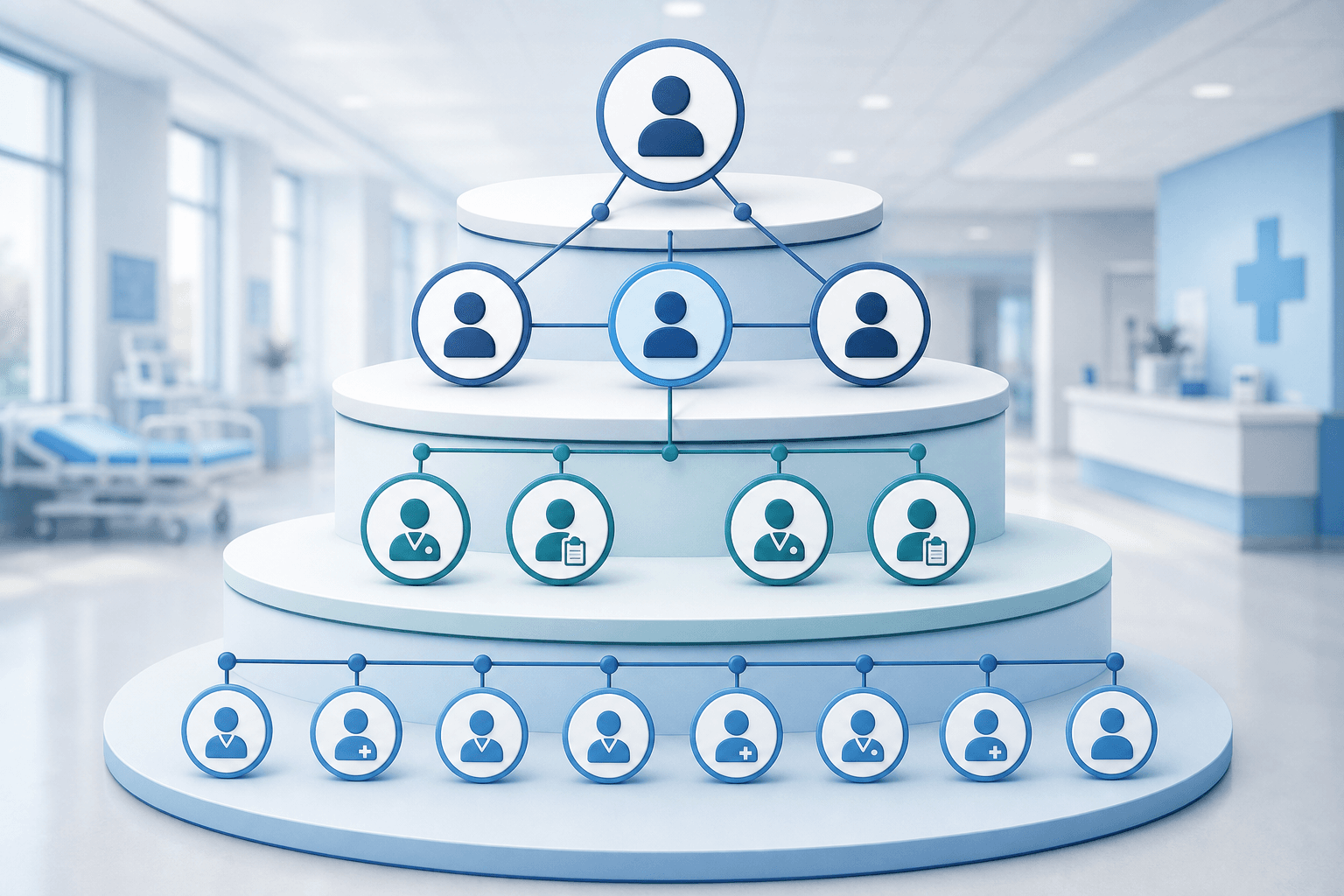A clean professional diagram showing a tiered healthcare governance structure — layered organizational hierarchy with interconnected nodes representing clinical leadership, compliance officers, and frontline staff, depicted as abstract shapes and connecting lines in a hospital setting, soft blue and white color palette, modern minimalist style, no text or labels