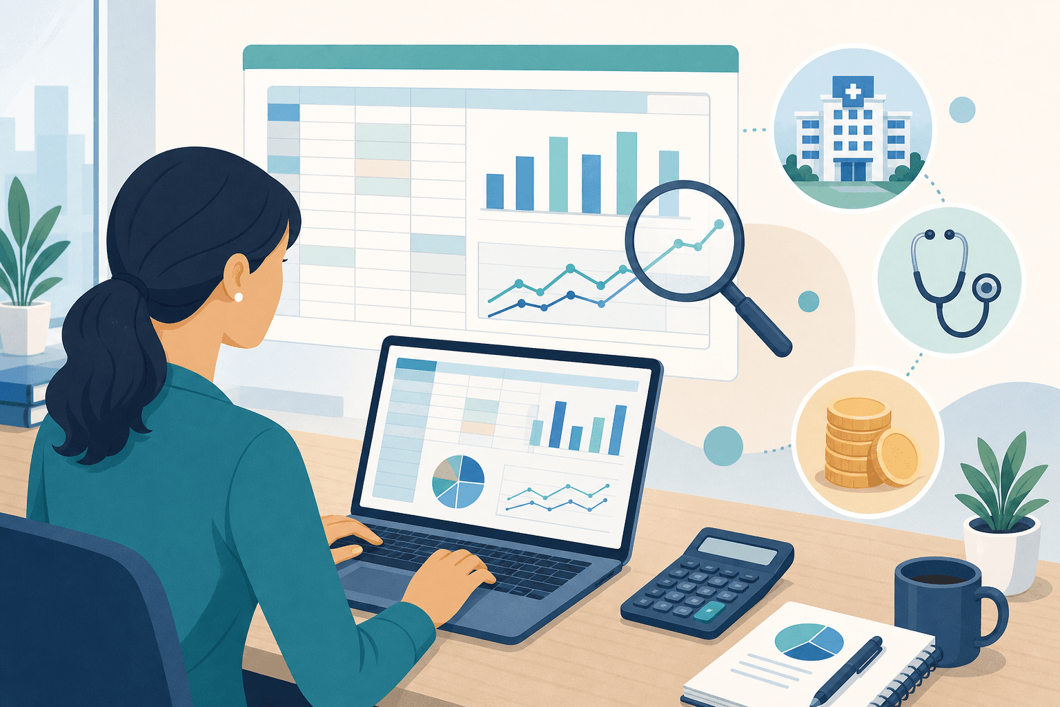 A clean, modern flat-style illustration showing a healthcare finance analyst working through an ROI model on a laptop. The scene includes an abstract spreadsheet interface with generic bar and line chart shapes, a calculator, and floating abstract icons representing hospital buildings, a stethoscope, and coins/dollar symbols shown as generic circular tokens. A magnifying glass hovers over one section suggesting analysis. Soft healthcare color palette of blues, teals, and warm neutrals. Minimalist office desk setting. No text, no words, no letters, no numbers, no labels, no percentages, no currency symbols.